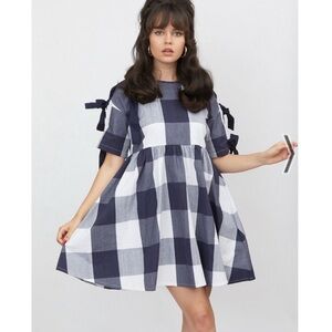 Lazy Oaf Left Field Blue Plaid Tie Sleeve Dress 12